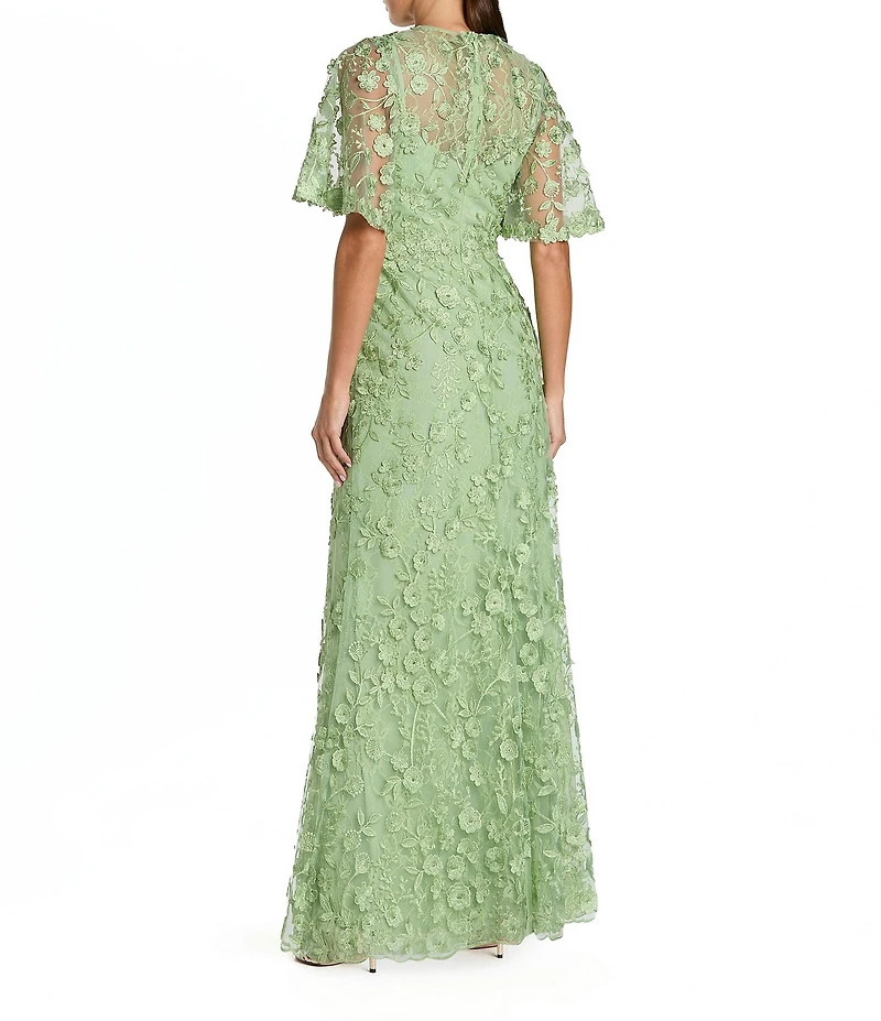 Mac Duggal Floral Embellished Net Crew Neck Short Flutter Sleeve Gown