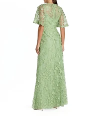 Mac Duggal Floral Embellished Net Crew Neck Short Flutter Sleeve Gown