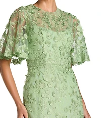 Mac Duggal Floral Embellished Net Crew Neck Short Flutter Sleeve Gown
