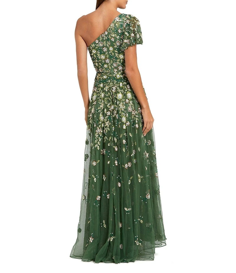 Mac Duggal Floral Embellished Mesh One Shoulder Gown