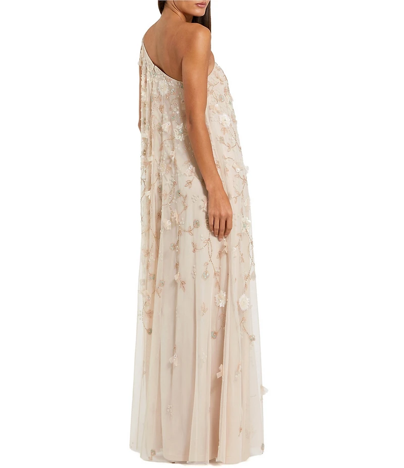 Mac Duggal Floral Embellished Mesh One Shoulder Kaftan Gown