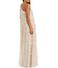 Mac Duggal Floral Embellished Mesh One Shoulder Kaftan Gown