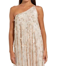 Mac Duggal Floral Embellished Mesh One Shoulder Kaftan Gown