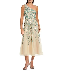 Mac Duggal Floral Embellished Mesh One Shoulder Midi Dress