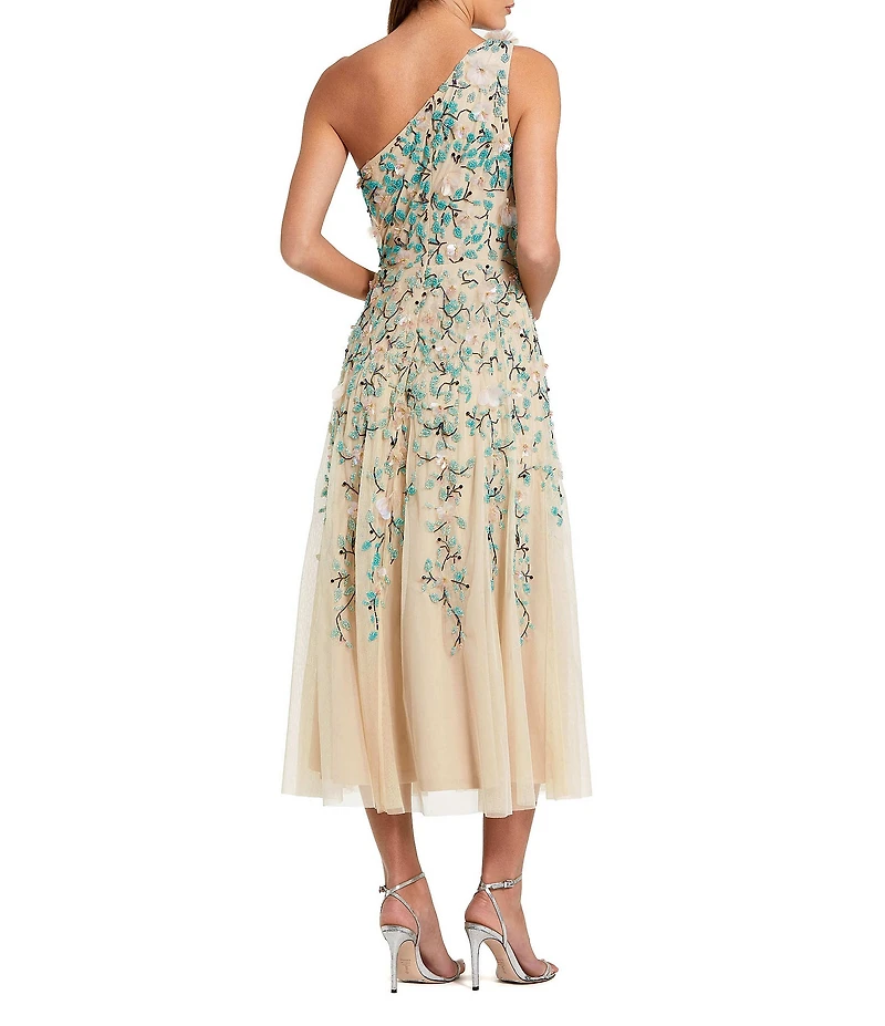 Mac Duggal Floral Embellished Mesh One Shoulder Midi Dress