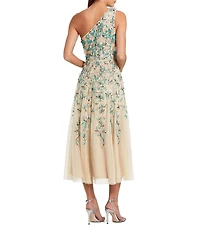 Mac Duggal Floral Embellished Mesh One Shoulder Midi Dress