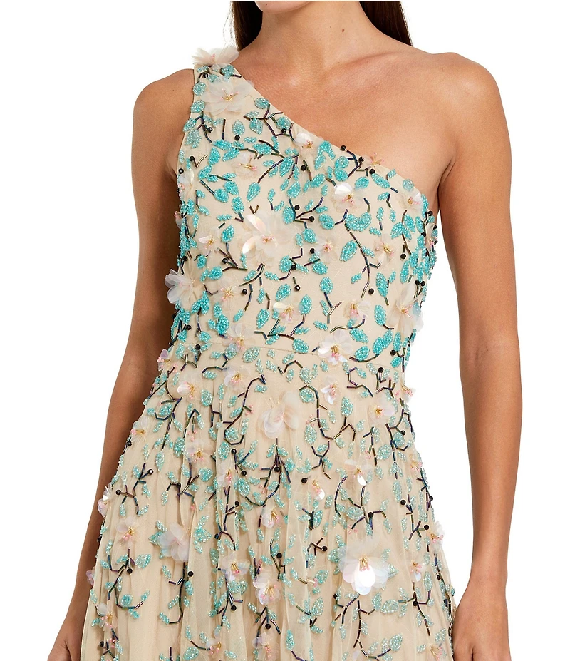 Mac Duggal Floral Embellished Mesh One Shoulder Midi Dress