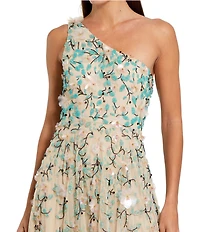 Mac Duggal Floral Embellished Mesh One Shoulder Midi Dress