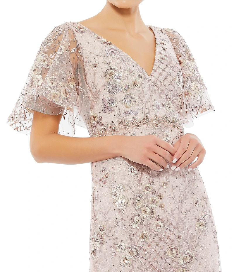 Mac Duggal Floral Embellished Mesh V-Neck Flutter Short Sleeve Sheath Dress