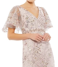 Mac Duggal Floral Embellished Mesh V-Neck Flutter Short Sleeve Sheath Dress