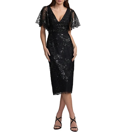 Mac Duggal Floral Embellished Mesh V-Neck Flutter Short Sleeve Sheath Dress
