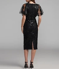 Mac Duggal Floral Embellished Mesh V-Neck Flutter Short Sleeve Sheath Dress