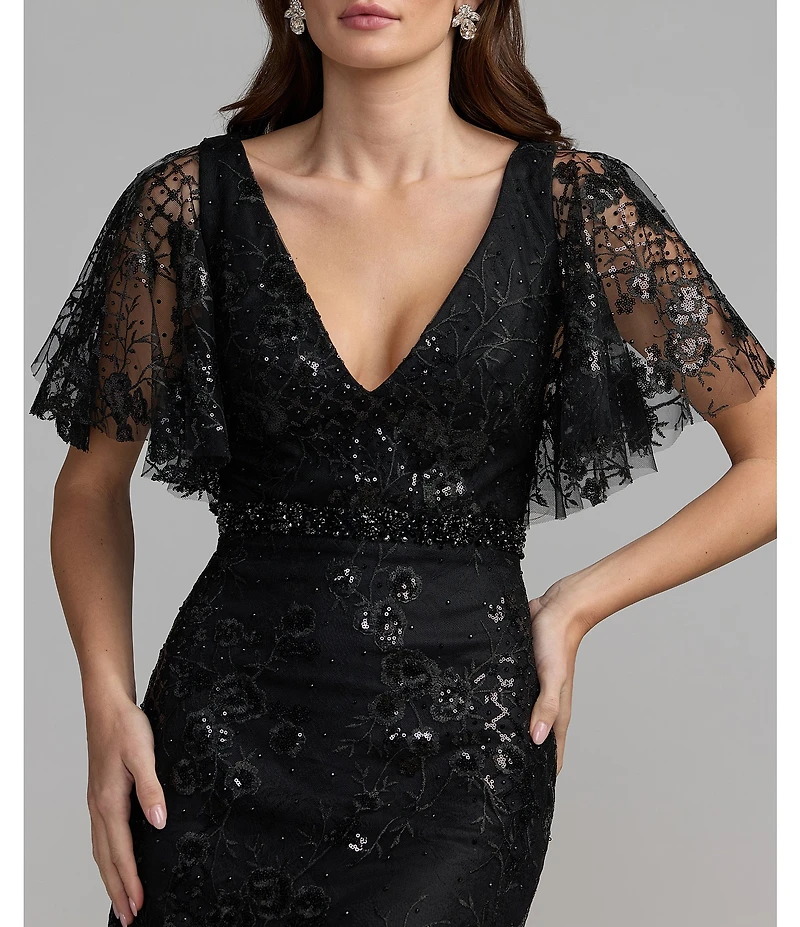 Mac Duggal Floral Embellished Mesh V-Neck Flutter Short Sleeve Sheath Dress
