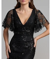 Mac Duggal Floral Embellished Mesh V-Neck Flutter Short Sleeve Sheath Dress