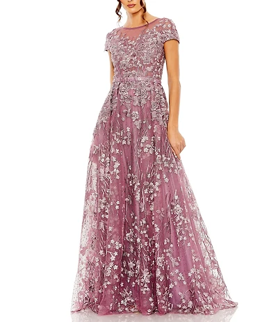 Mac Duggal Floral Embellished Round Neck Cap Sleeve A-Line Gown