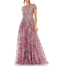 Mac Duggal Floral Embellished Round Neck Cap Sleeve A-Line Gown