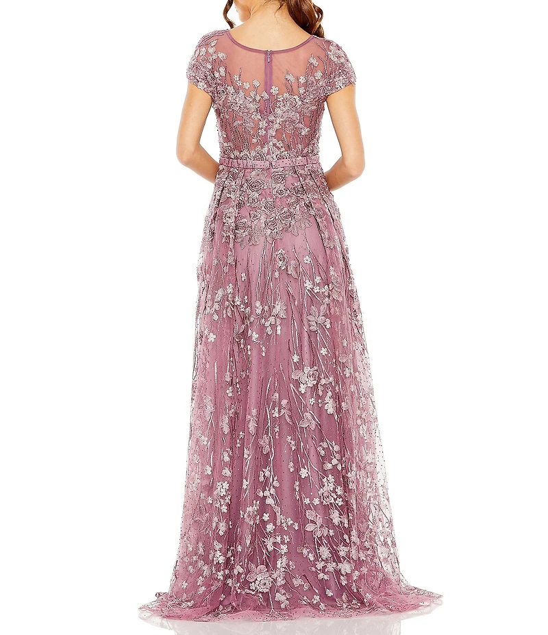 Mac Duggal Floral Embellished Round Neck Cap Sleeve A-Line Gown