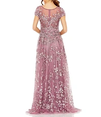 Mac Duggal Floral Embellished Round Neck Cap Sleeve A-Line Gown
