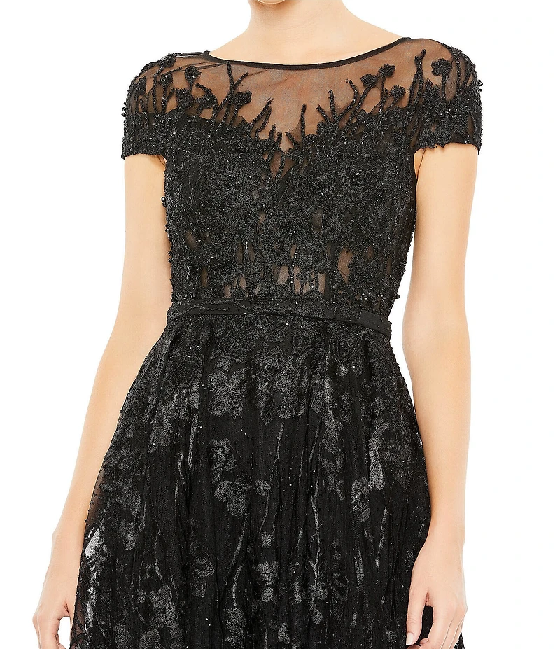 Mac Duggal Floral Embellished Round Neck Cap Sleeve A-Line Gown