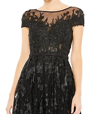 Mac Duggal Floral Embellished Round Neck Cap Sleeve A-Line Gown