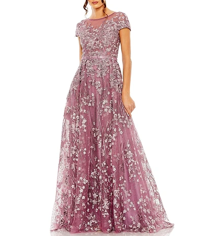 Mac Duggal Floral Embellished Round Neck Cap Sleeve A-Line Gown