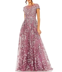 Mac Duggal Floral Embellished Round Neck Cap Sleeve A-Line Gown