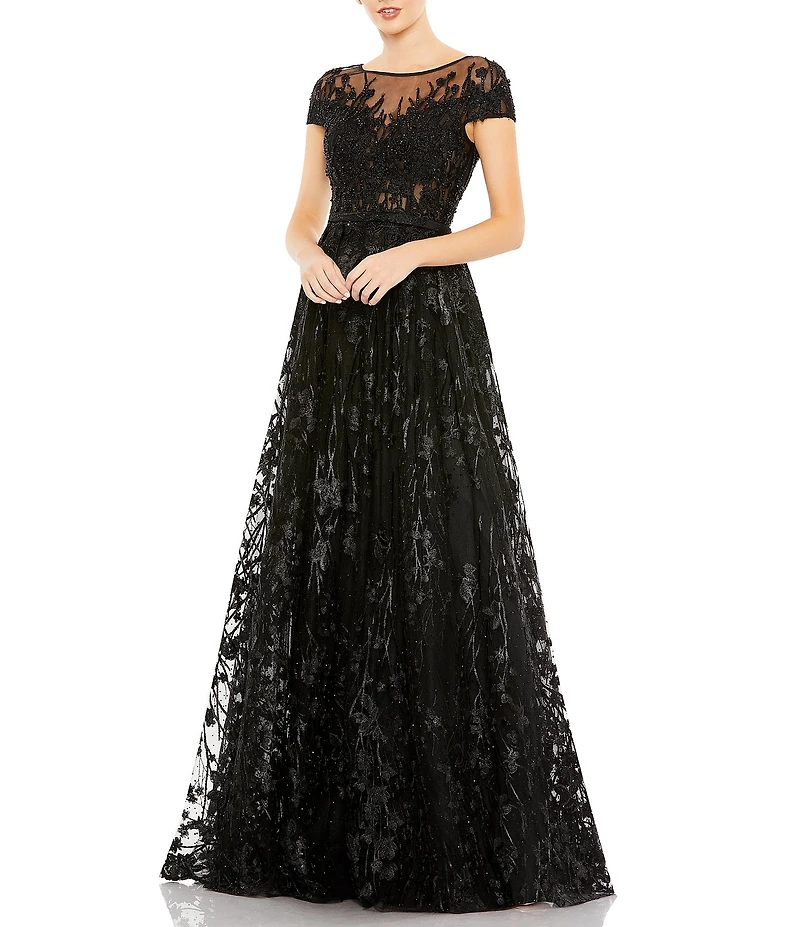 Mac Duggal Floral Embellished Round Neck Cap Sleeve A-Line Gown