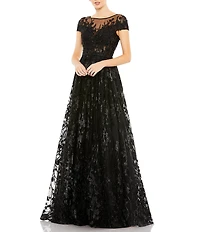 Mac Duggal Floral Embellished Round Neck Cap Sleeve A-Line Gown