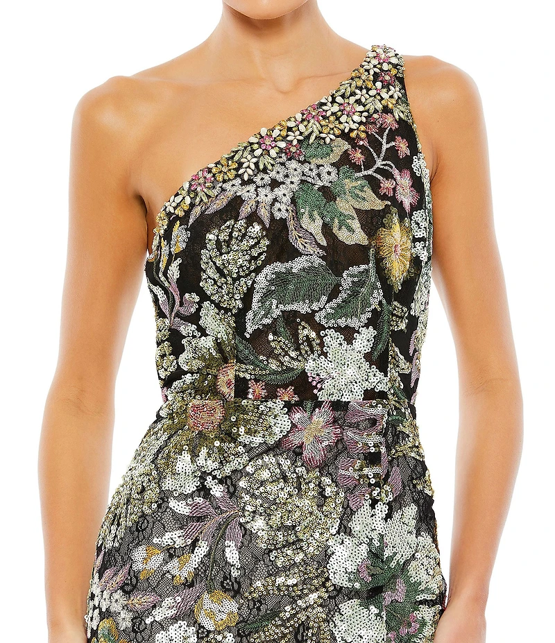 Mac Duggal Floral Embellished Sequin One Shoulder Sleeveless Open Back Sheath Gown