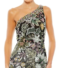 Mac Duggal Floral Embellished Sequin One Shoulder Sleeveless Open Back Sheath Gown