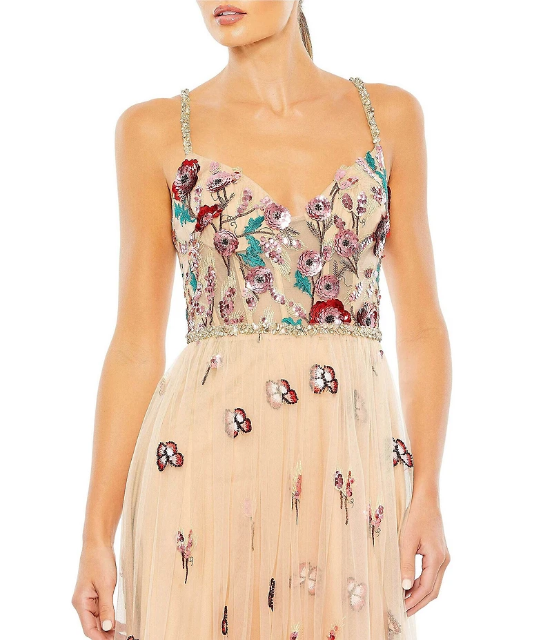 Mac Duggal Floral Embellished Tulle V-Neck Sleeveless Gown