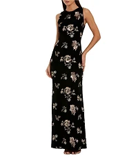 Mac Duggal Floral Embellished Velvet Sleeveless Sheath Gown