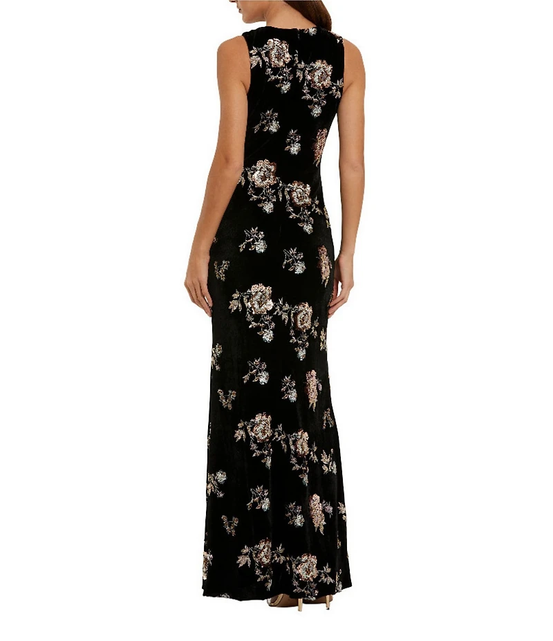 Mac Duggal Floral Embellished Velvet Sleeveless Sheath Gown