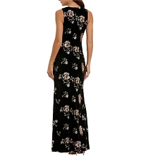 Mac Duggal Floral Embellished Velvet Sleeveless Sheath Gown