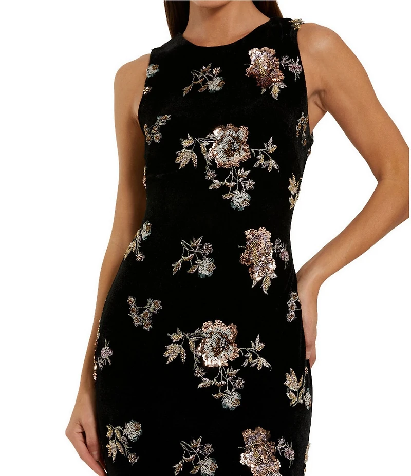 Mac Duggal Floral Embellished Velvet Sleeveless Sheath Gown