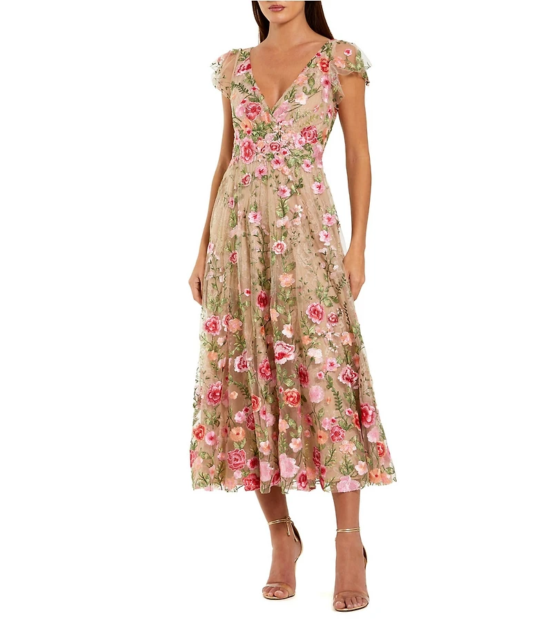 Mac Duggal Floral Embroidered Cap Sleeve Midi Dress