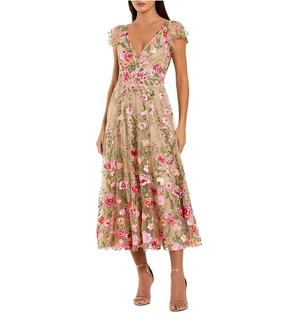 Mac Duggal Floral Embroidered Cap Sleeve Midi Dress