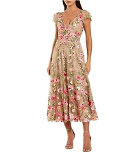 Mac Duggal Floral Embroidered Cap Sleeve Midi Dress