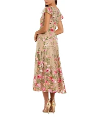 Mac Duggal Floral Embroidered Cap Sleeve Midi Dress