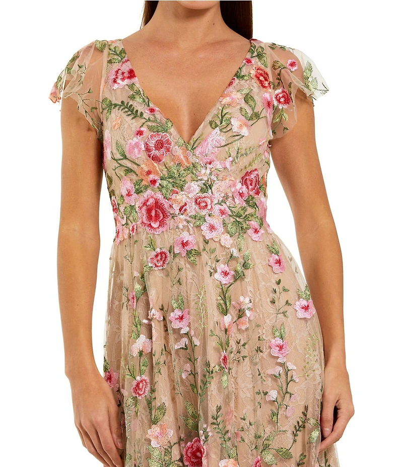 Mac Duggal Floral Embroidered Cap Sleeve Midi Dress
