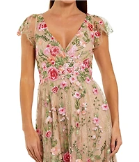 Mac Duggal Floral Embroidered Cap Sleeve Midi Dress
