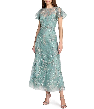 Mac Duggal Floral Embroidered Flutter Sleeve Ankle Dress