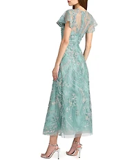 Mac Duggal Floral Embroidered Flutter Sleeve Ankle Dress
