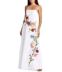 Mac Duggal Floral Embroidered Linen Strapless Trapeze Gown
