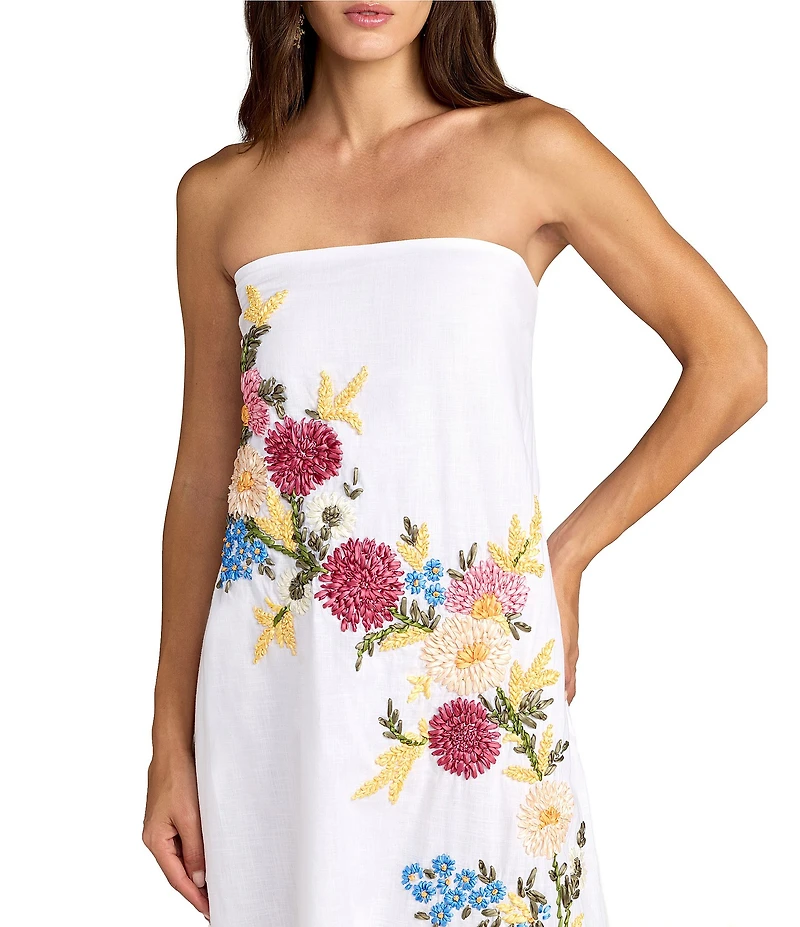 Mac Duggal Floral Embroidered Linen Strapless Trapeze Gown