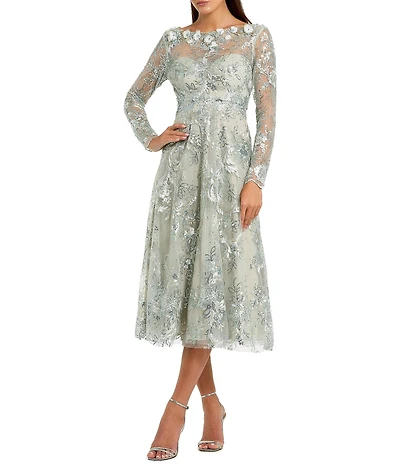Mac Duggal Floral Embroidered Long Sleeve Midi Dress