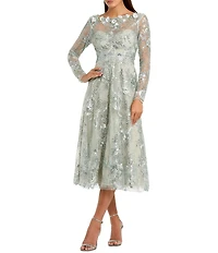 Mac Duggal Floral Embroidered Long Sleeve Midi Dress