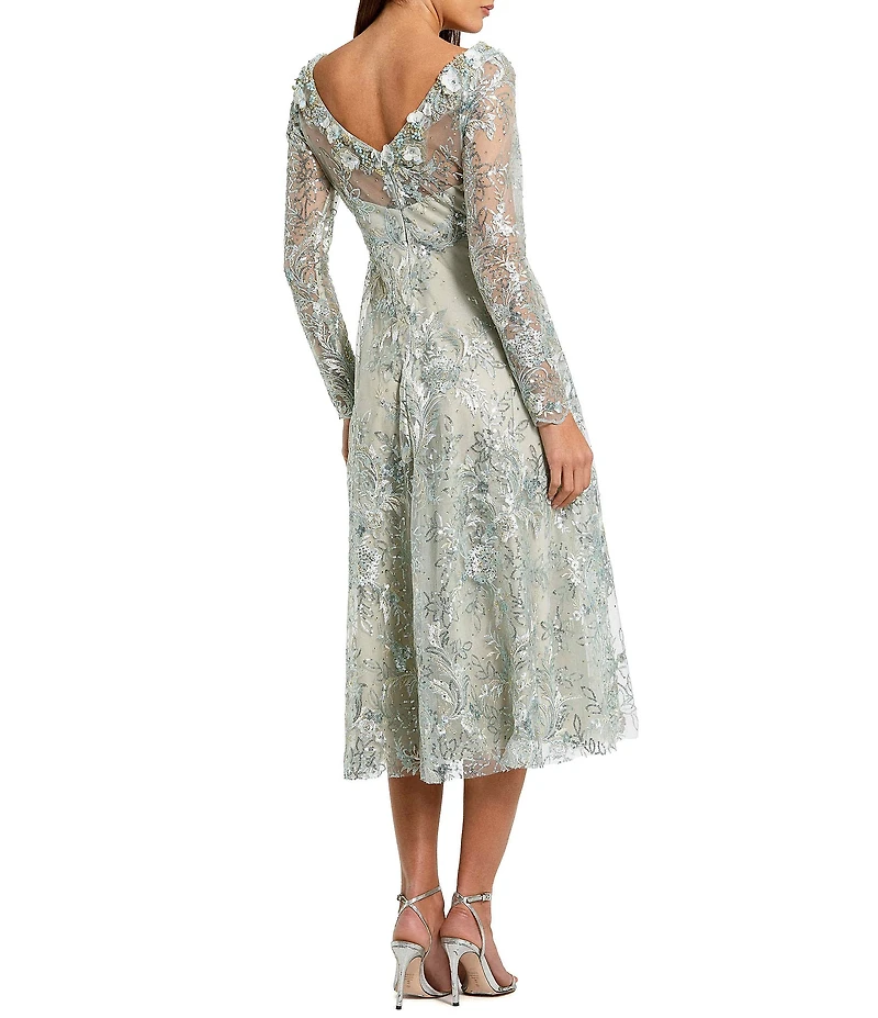 Mac Duggal Floral Embroidered Long Sleeve Midi Dress
