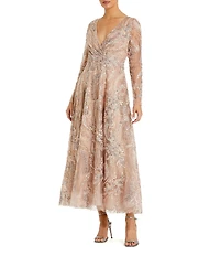 Mac Duggal Floral Embroidered Long Sleeve V Neck Dress