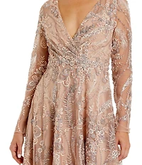 Mac Duggal Floral Embroidered Long Sleeve V Neck Dress